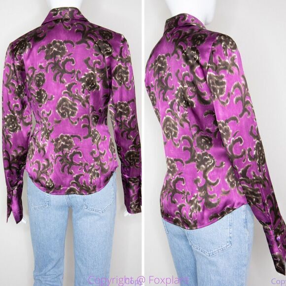 Linda Allard Ellen‎ tracy silk floral print purple shirt, size Petite 2 - Picture 3 of 16